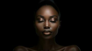 3d illustrazione di un' bellissimo afroamericano donna con nero pelle e trucco generativo ai foto