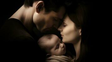 un' giovane famiglia con un' neonato bambino su un' nero sfondo. il concetto di un' contento famiglia. generativo ai foto