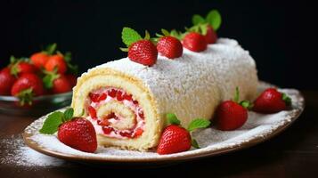 delizioso fragola e bacca rotolo torta con bianca crema ai generato foto