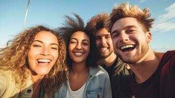 gruppo di amici avendo divertimento su un' soleggiato giorno nel il città. generativo ai foto