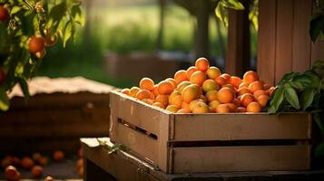 appena raccolto arancia frutta a partire dal giardino posto nel il scatole. generativo ai foto