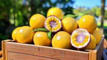 appena raccolto passione frutta a partire dal giardino posto nel il scatole. generativo ai foto