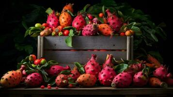 appena raccolto fiammeggiante frutta a partire dal giardino posto nel il scatole. generativo ai foto