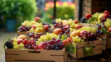 appena raccolto Champagne frutta a partire dal giardino posto nel il scatole. generativo ai foto