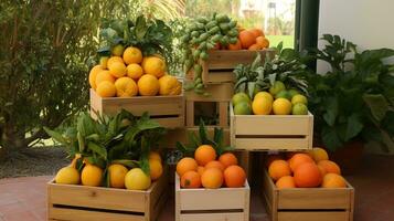 appena raccolto caja frutta a partire dal giardino posto nel il scatole. generativo ai foto