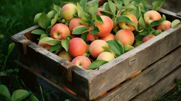 appena raccolto caja frutta a partire dal giardino posto nel il scatole. generativo ai foto