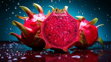 foto di rosso pitahaya frutta metà contro un' colorato astratto sfondo. generativo ai