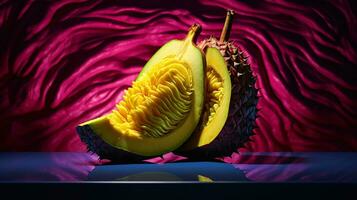 foto di bianca Mango Jack frutta metà contro un' colorato astratto sfondo. generativo ai