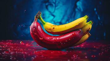 foto di rosso Banana frutta metà contro un' colorato astratto sfondo. generativo ai