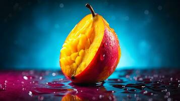 foto di Mango frutta metà contro un' colorato astratto sfondo. generativo ai