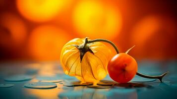 foto di groundcherry frutta metà contro un' colorato astratto sfondo. generativo ai