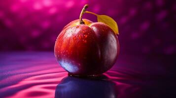 foto di giapponese prugna frutta metà contro un' colorato astratto sfondo. generativo ai