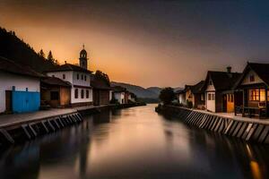 un' fiume corre attraverso un' cittadina a tramonto. ai-generato foto