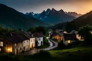 foto sfondo il cielo, montagne, strada, villaggio, tramonto, il montagne, strada, il. ai-generato