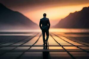 un' uomo nel un' completo da uomo passeggiate lungo un' sentiero nel il mezzo di un' lago. ai-generato foto