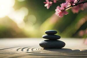 zen pietre impilati su un' di legno tavolo con rosa fiori. ai-generato foto