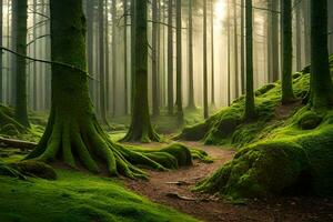 un' sentiero attraverso un' foresta con muschioso alberi. ai-generato foto