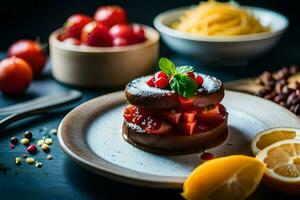 un' piatto con un' torta e frutta su esso. ai-generato foto