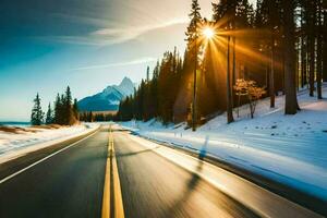 un' nevoso strada con il sole splendente su esso. ai-generato foto