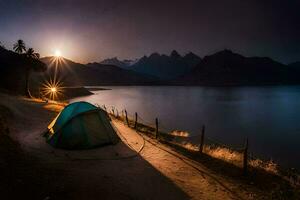 un' campeggio tenda è impostato su su il riva di un' lago a notte. ai-generato foto