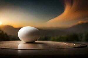 un' bianca uovo si siede su superiore di un' di legno tavolo. ai-generato foto