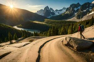 un' escursionista passeggiate lungo un' pista nel il montagne. ai-generato foto