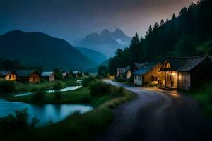 foto sfondo il cielo, montagne, nebbia, il notte, il montagne, il villaggio, il. ai-generato