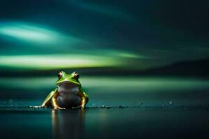 un' rana seduta su il terra a notte con un' verde luce. ai-generato foto