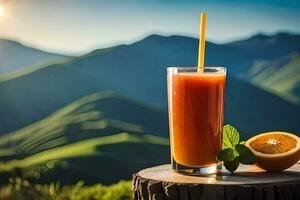un' bicchiere di arancia succo con un' cannuccia su un' di legno tavolo nel davanti di un' montagna. ai-generato foto