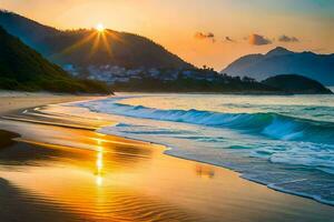 il sole sorge al di sopra di il oceano e il onde su il spiaggia. ai-generato foto