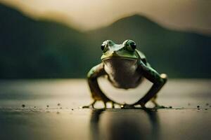 un' rana in piedi su il terra con un' lago nel il sfondo. ai-generato foto