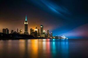 il città orizzonte a notte con luci riflettendo via il acqua. ai-generato foto