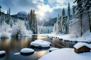 neve coperto alberi e un' fiume nel il inverno. ai-generato foto