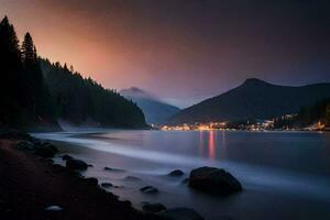 un' lago e montagne a crepuscolo. ai-generato foto