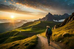 un' uomo passeggiate su un' sentiero nel il montagne. ai-generato foto