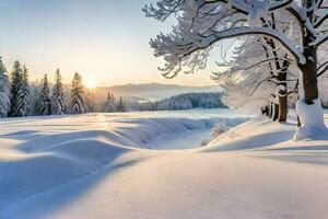 neve coperto alberi nel il inverno sole. ai-generato foto