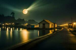 un' pieno Luna brilla al di sopra di un' piccolo cittadina a notte. ai-generato foto