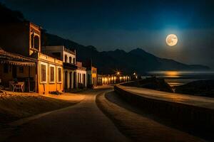 un' strada con case e un' Luna nel il cielo. ai-generato foto