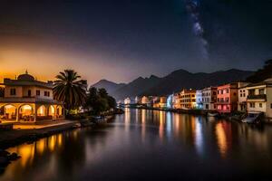 foto sfondo il cielo, acqua, montagne, fiume, case, il città, India,. ai-generato