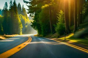 un' strada nel il boschi con alberi e sole. ai-generato foto