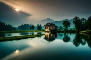 un' Casa si siede su il bordo di un' lago nel il mezzo di un' campo. ai-generato foto