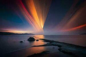 un' lungo esposizione fotografia di un' tramonto al di sopra di il oceano. ai-generato foto