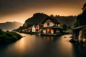 un' Casa si siede su il bordo di un' fiume a tramonto. ai-generato foto