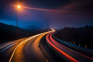 un' lungo esposizione foto di un' autostrada a notte. ai-generato