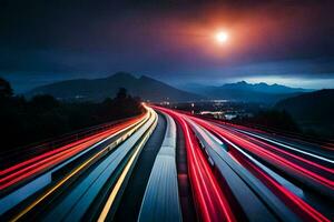 traffico luci su un' autostrada a notte. ai-generato foto