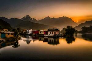 un' lago e case nel il montagne a tramonto. ai-generato foto