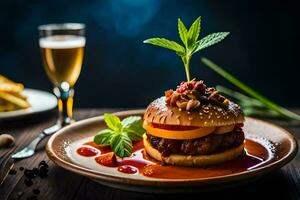 un' Hamburger con salsa e verdure su un' piatto. ai-generato foto