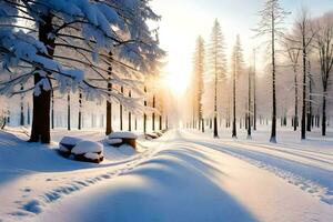un' nevoso foresta con alberi e neve. ai-generato foto