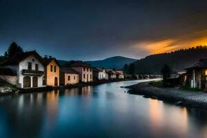 foto sfondo il cielo, fiume, case, il sole, il montagne, il acqua, il. ai-generato