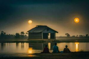 tre persone seduta su il riva Guardando il sole impostare. ai-generato foto